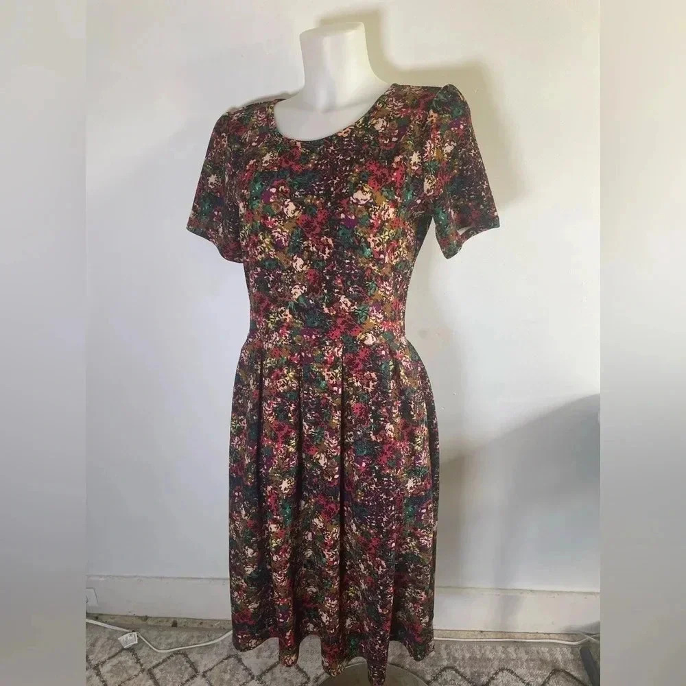 LuLaRoe Dark Rose Amelia Dress Rare Print Pleated Pockets Size Large 14/16 0188‎
